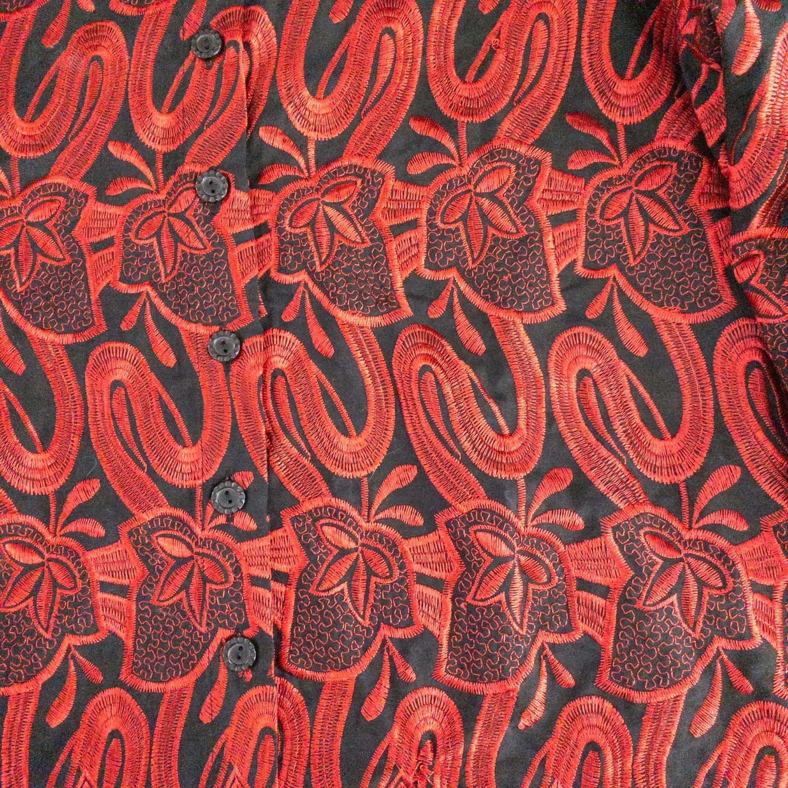 Drapers & Damons black and red embroidered leaf jacket with scalloped hem and button front on hanger image 3