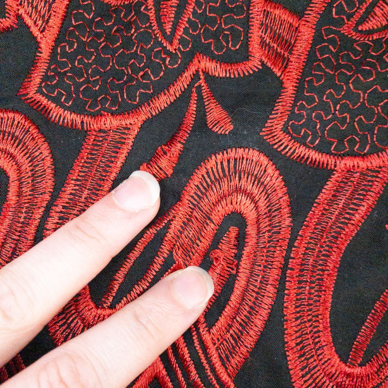 Drapers & Damons black and red embroidered leaf jacket with scalloped hem and button front on hanger image 8