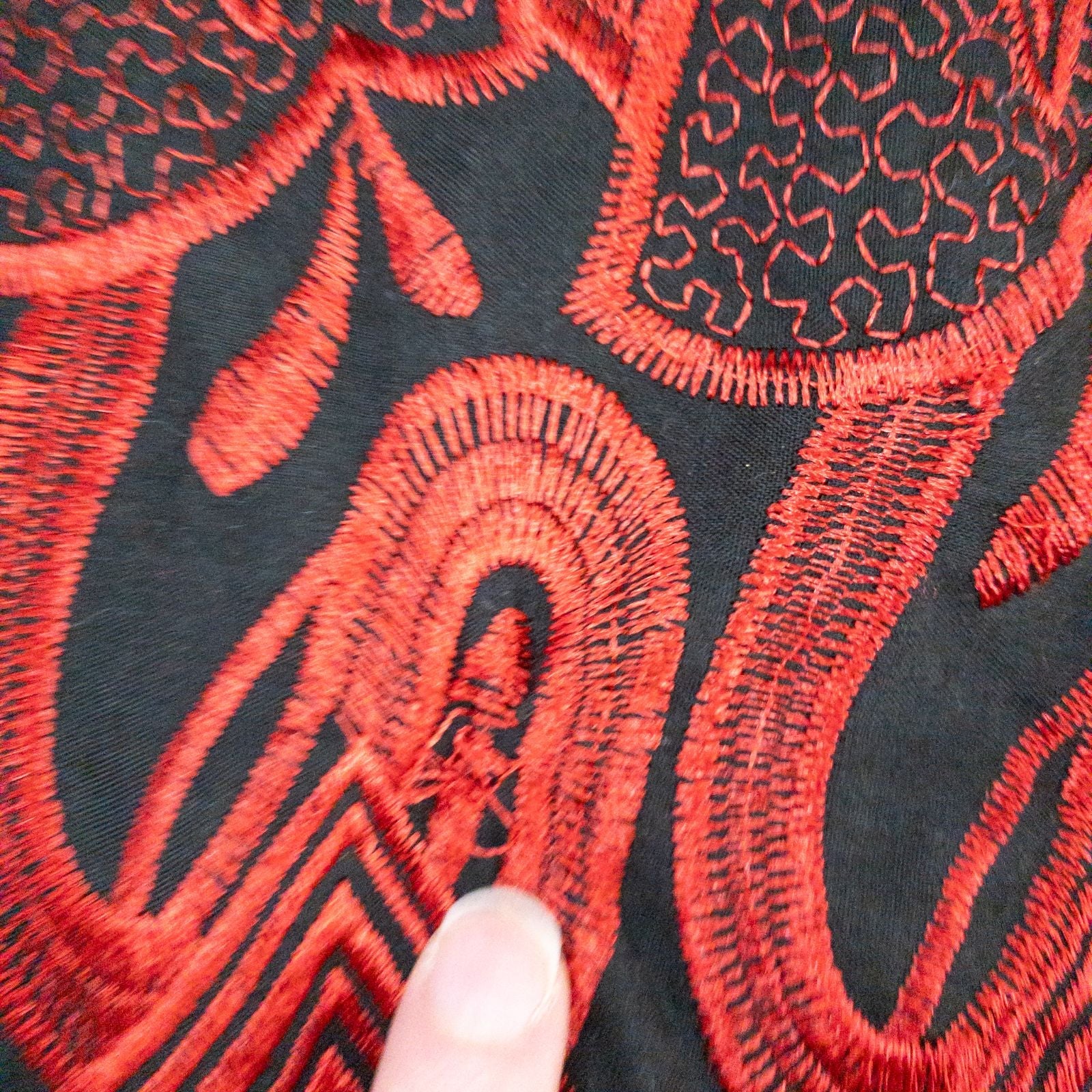 Drapers & Damons black and red embroidered leaf jacket with scalloped hem and button front on hanger image 9