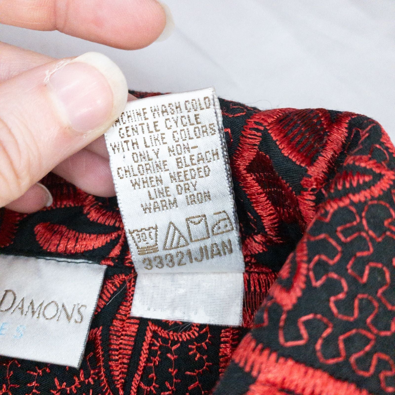 Drapers & Damons black and red embroidered leaf jacket with scalloped hem and button front on hanger image 13