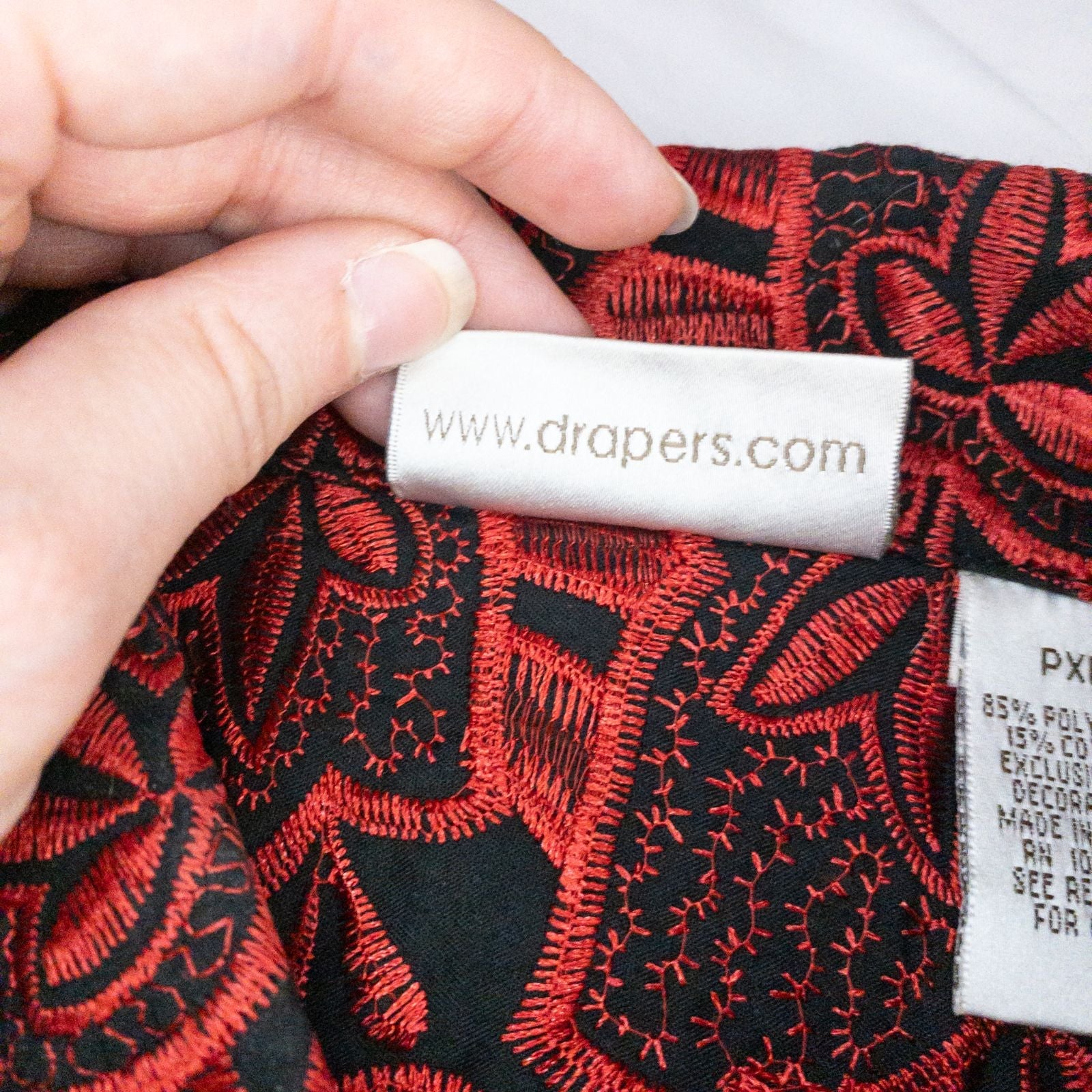 Drapers & Damons black and red embroidered leaf jacket with scalloped hem and button front on hanger image 12