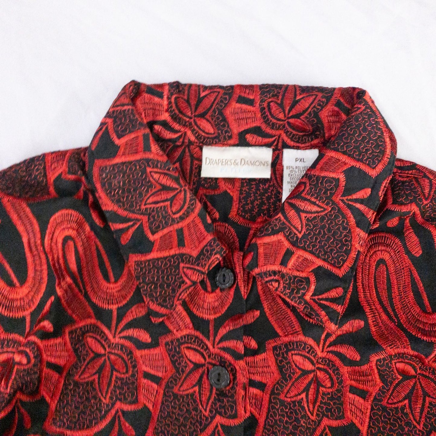 Drapers & Damons black and red embroidered leaf jacket with scalloped hem and button front on hanger image 2