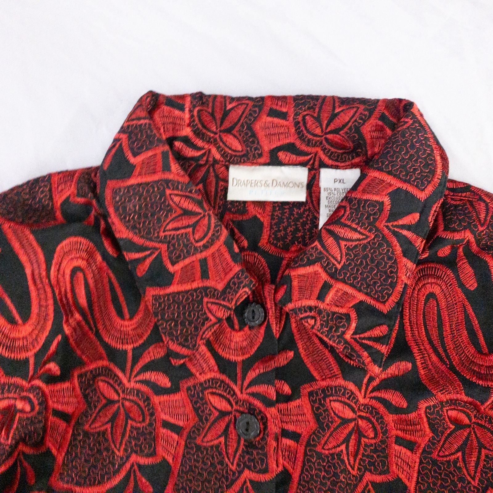Drapers & Damons black and red embroidered leaf jacket with scalloped hem and button front on hanger image 2