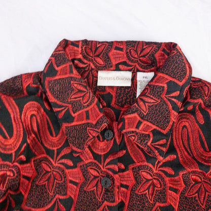 Drapers & Damons black and red embroidered leaf jacket with scalloped hem and button front on hanger image 2