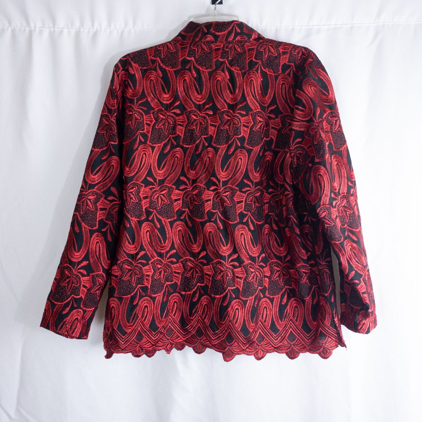 Drapers & Damons black and red embroidered leaf jacket with scalloped hem and button front on hanger image 4