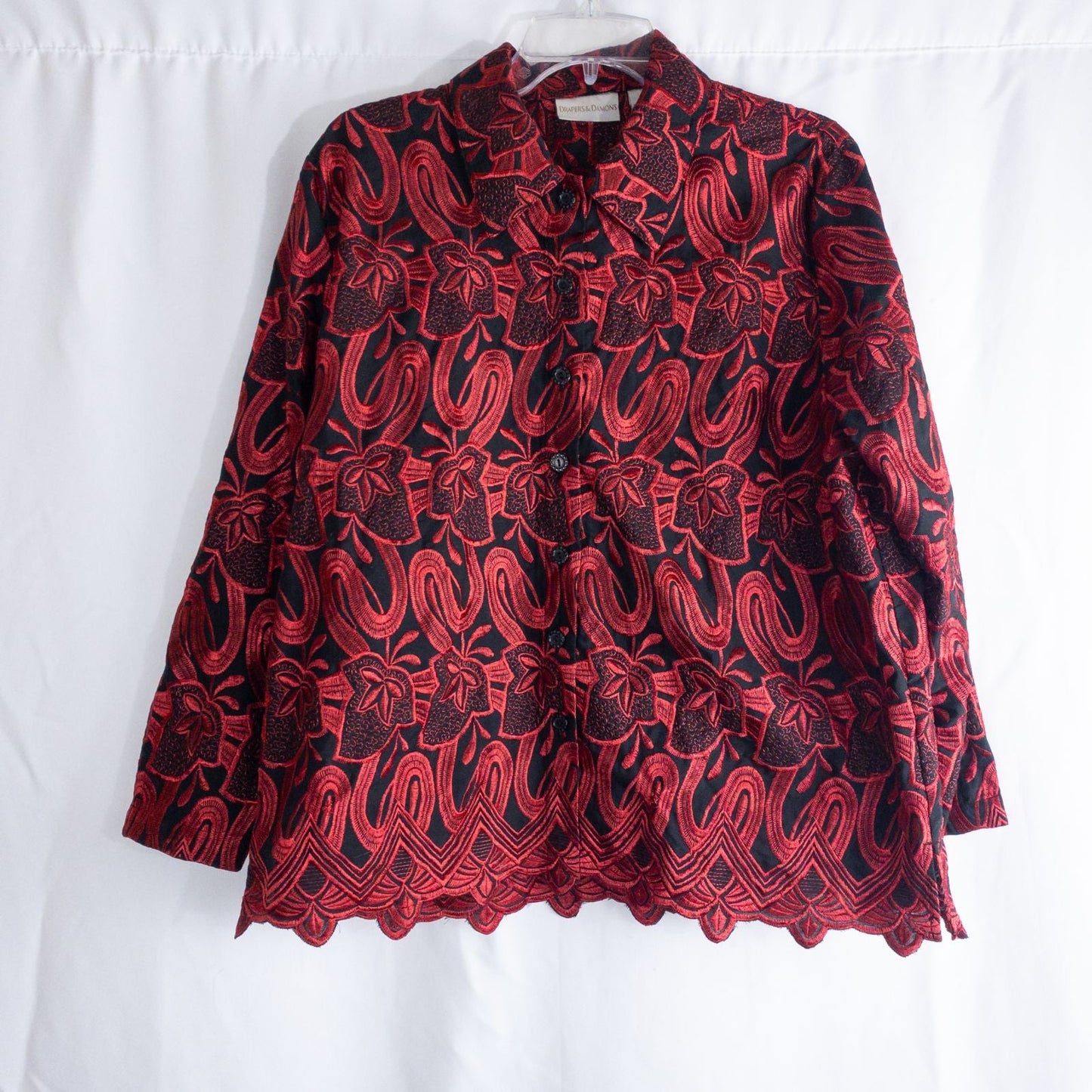 Drapers & Damons black and red embroidered leaf jacket with scalloped hem and button front on hanger