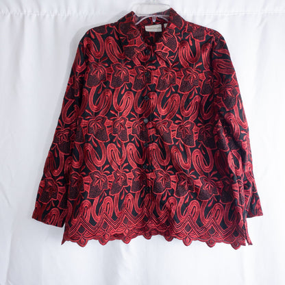 Drapers & Damons black and red embroidered leaf jacket with scalloped hem and button front on hanger