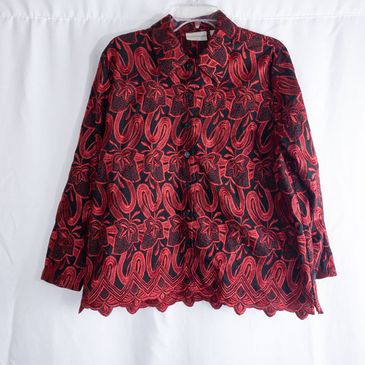 Drapers & Damons black and red embroidered leaf jacket with scalloped hem and button front on hanger