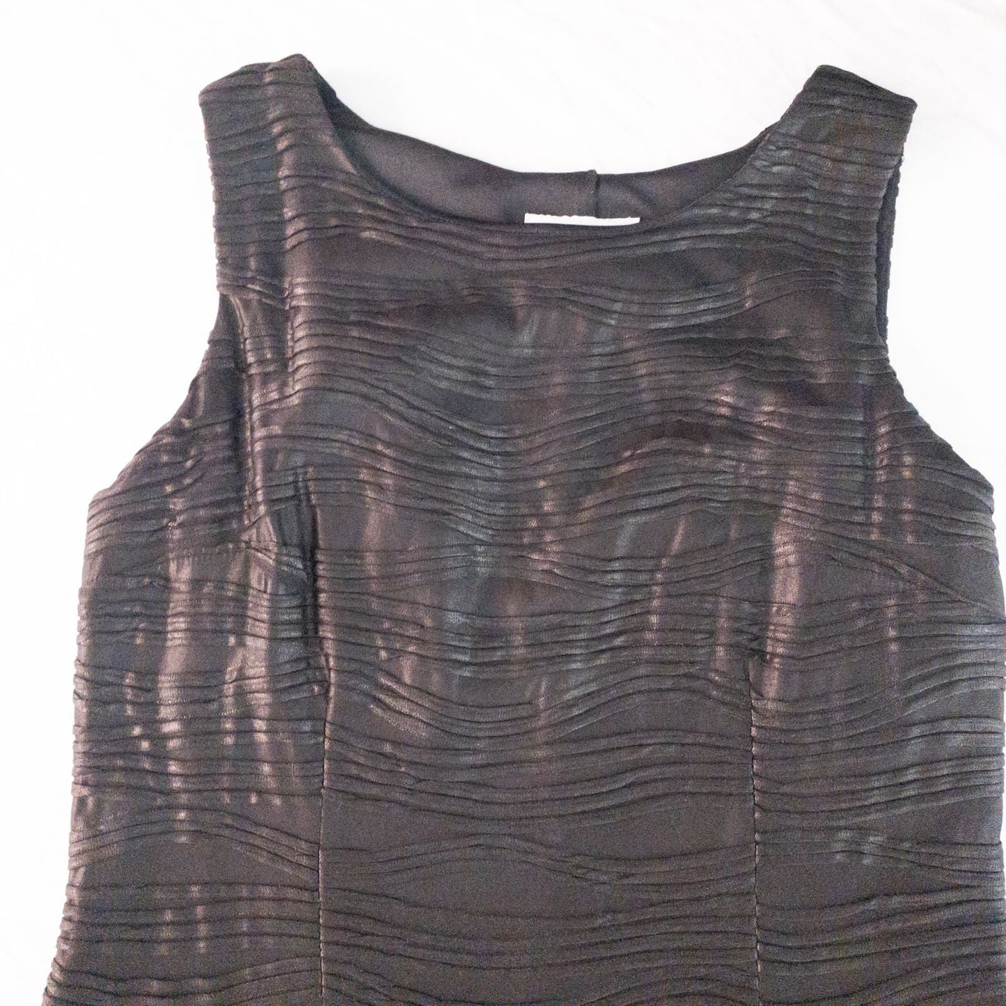 Joseph Ribkoff black pleated sleeveless minidress hanging on hanger with textured fabric image 3