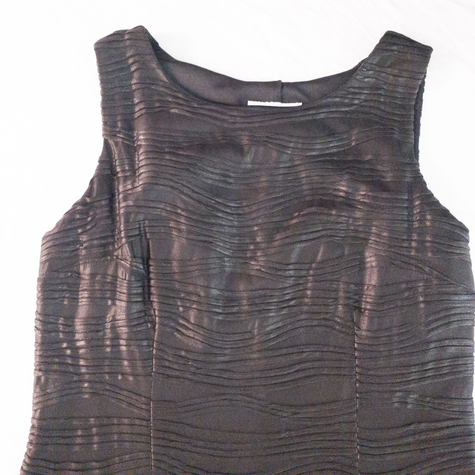 Joseph Ribkoff black pleated sleeveless minidress hanging on hanger with textured fabric image 3