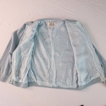 Stewarts pastel blue vintage cardigan with white bead floral embellishments and pearl buttons on a hanger image 10