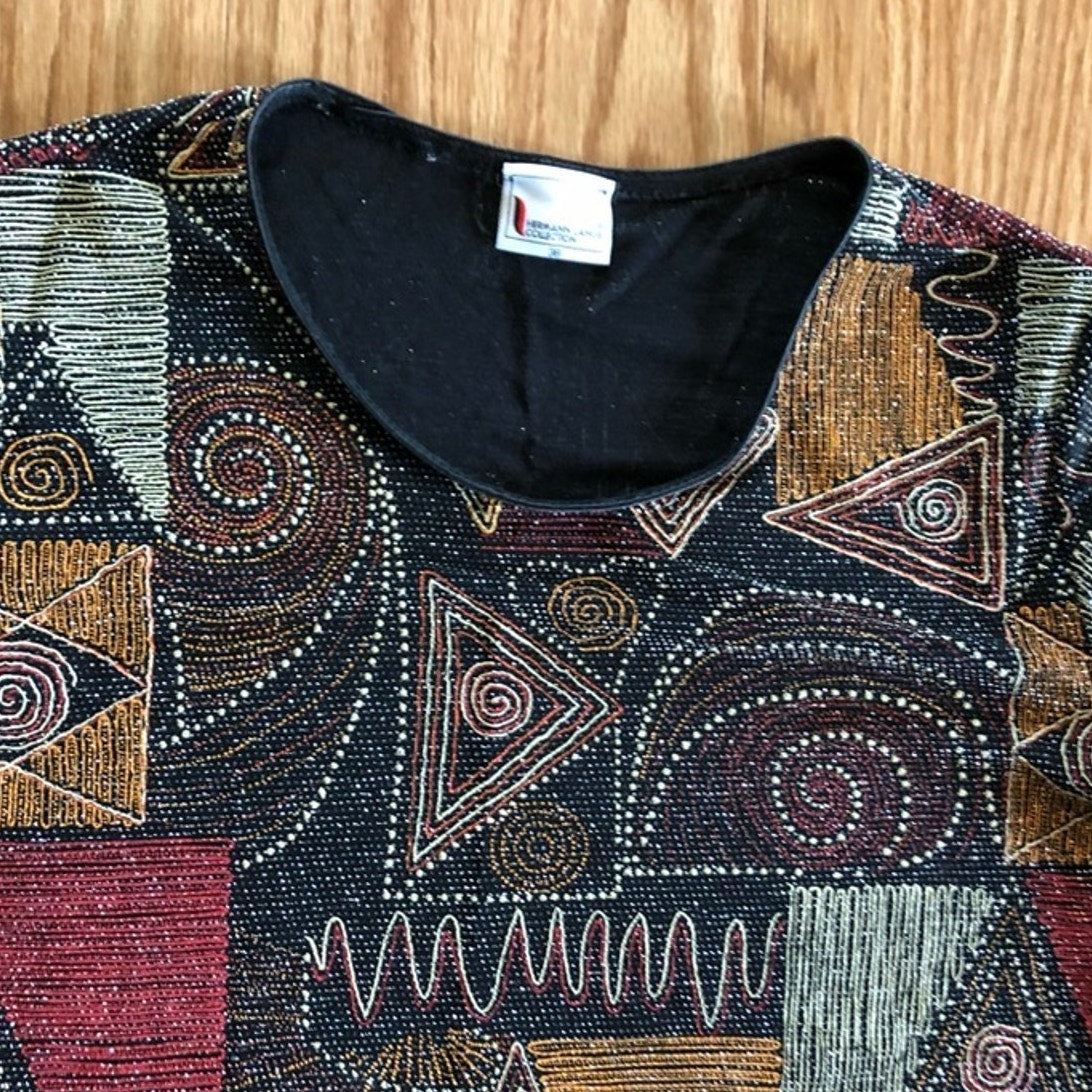 Hermann Lange Multicolor Black Red Beaded Blouse Womens 38 Small Medium