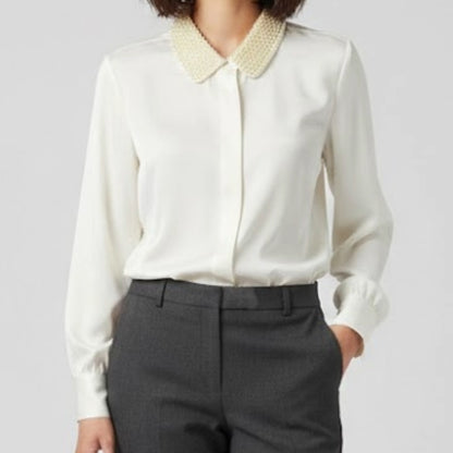 La Chine Petites Vintage Ivory Sheer Sequin Collar Blouse Womens 6 Petites