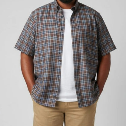 Lands End The Madras Shirt Brown Blue Striped Plaid Mens Large