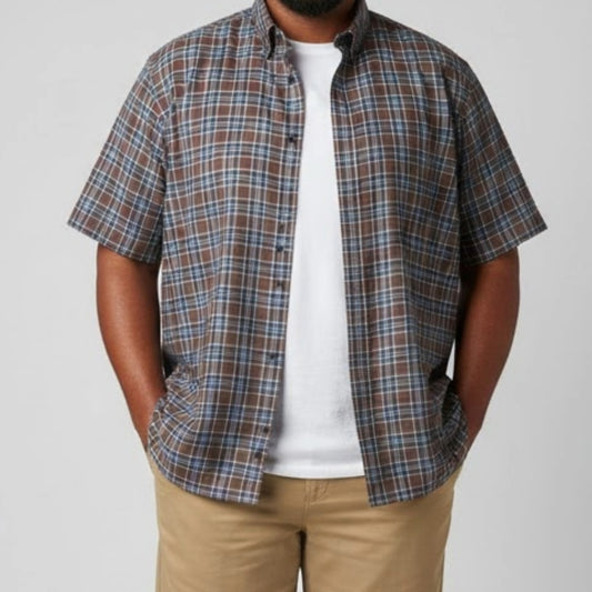 Lands End The Madras Shirt Brown Blue Striped Plaid Mens Large