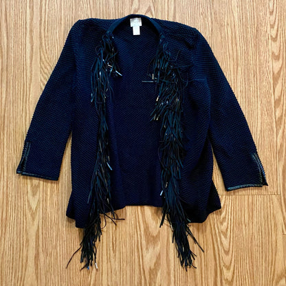 Chicos Black Knit Fringe Leather Cardigan Jacket Womens Small