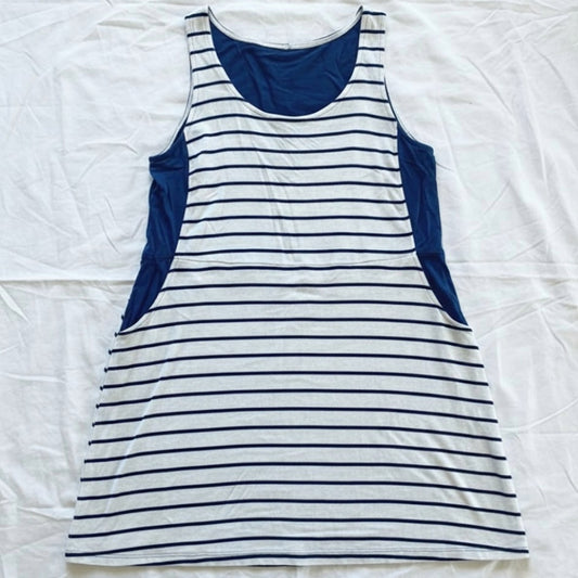 Pink Rose Blue Striped Sleeveless Mini Shirt Dress Womens Large