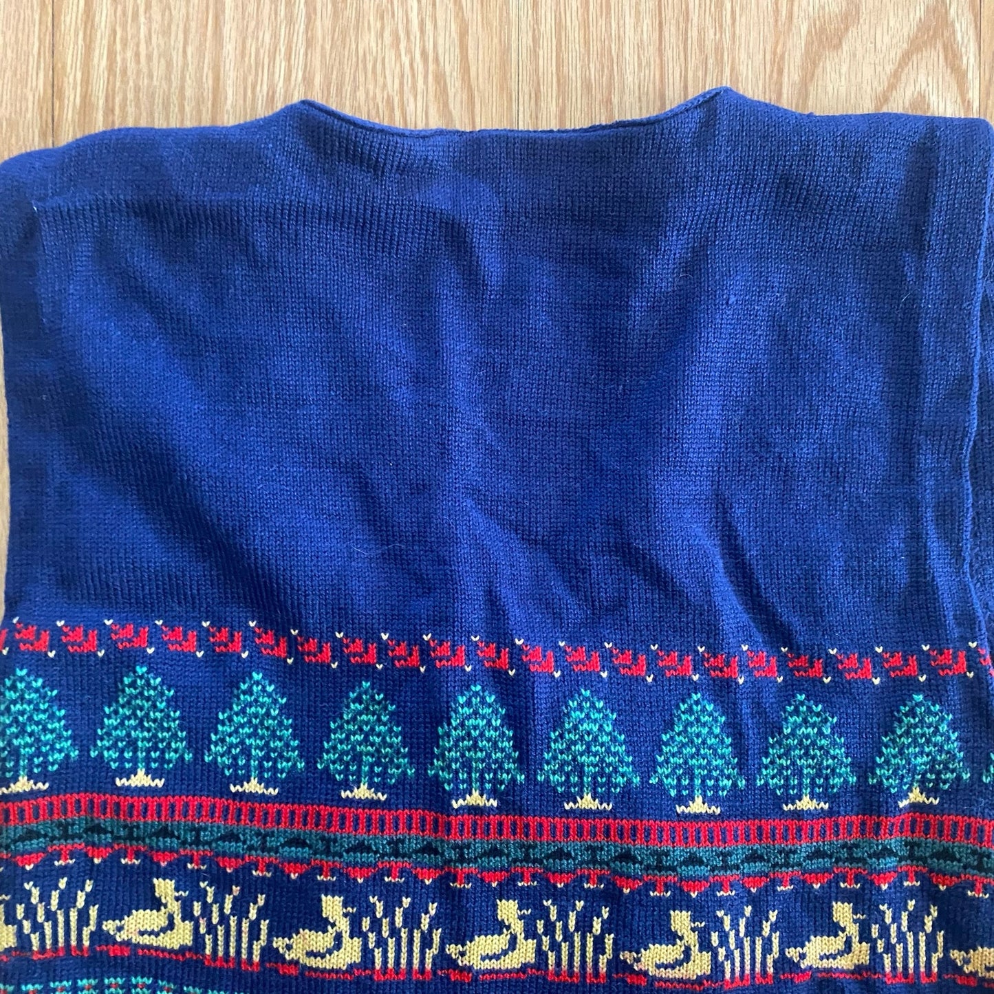 Vintage Blue Knit Cotton Christmas Holiday Sweater Vest Reindeer Womens Medium