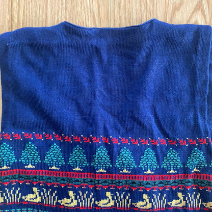 Vintage Blue Knit Cotton Christmas Holiday Sweater Vest Reindeer Womens Medium