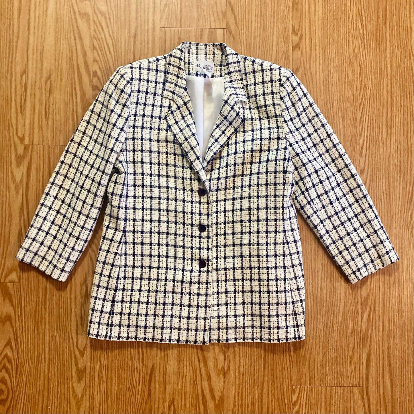 Da-Rue Vintage White Metallic Navy Plaid Blazer Womens Large