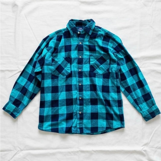 Saugatuck Dry Goods Green Teal Plaid Flannel Shirt Mens Medium