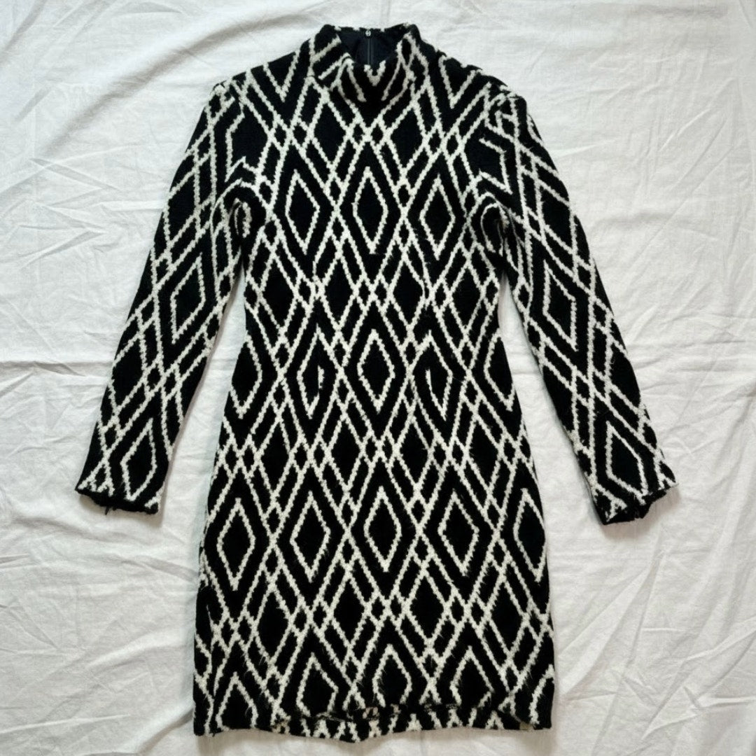 Tucker Black White Diamond Stripe Mini Sweater Dress Womens Small