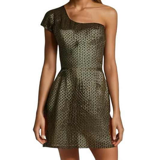French Connection One Shoulder Gold Metallic Mini Cocktail Dress Womens 6