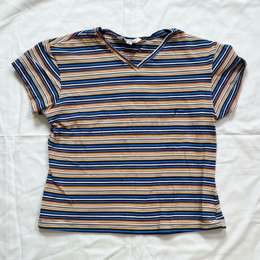Guess Y2k Blue Orange Striped Cropped Tee Shirt Youth XLarge Womens Small/Medium