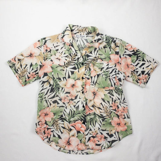 Jeri Marque Vintage 90s Hawaiian Pink Green Floral Shirt Womens Large Unisex