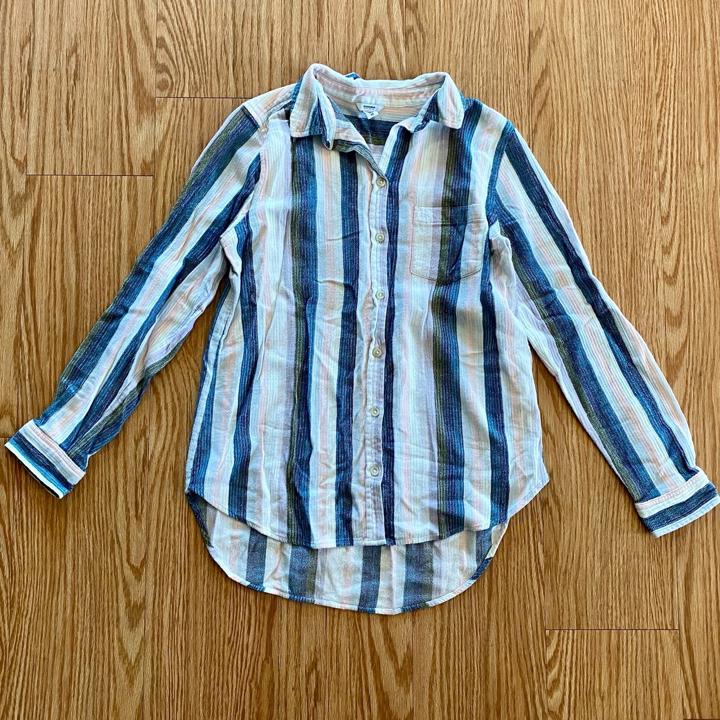 Sonoma Multicolor Striped Blue Cotton Button-up Shirt Blouse Womens Medium