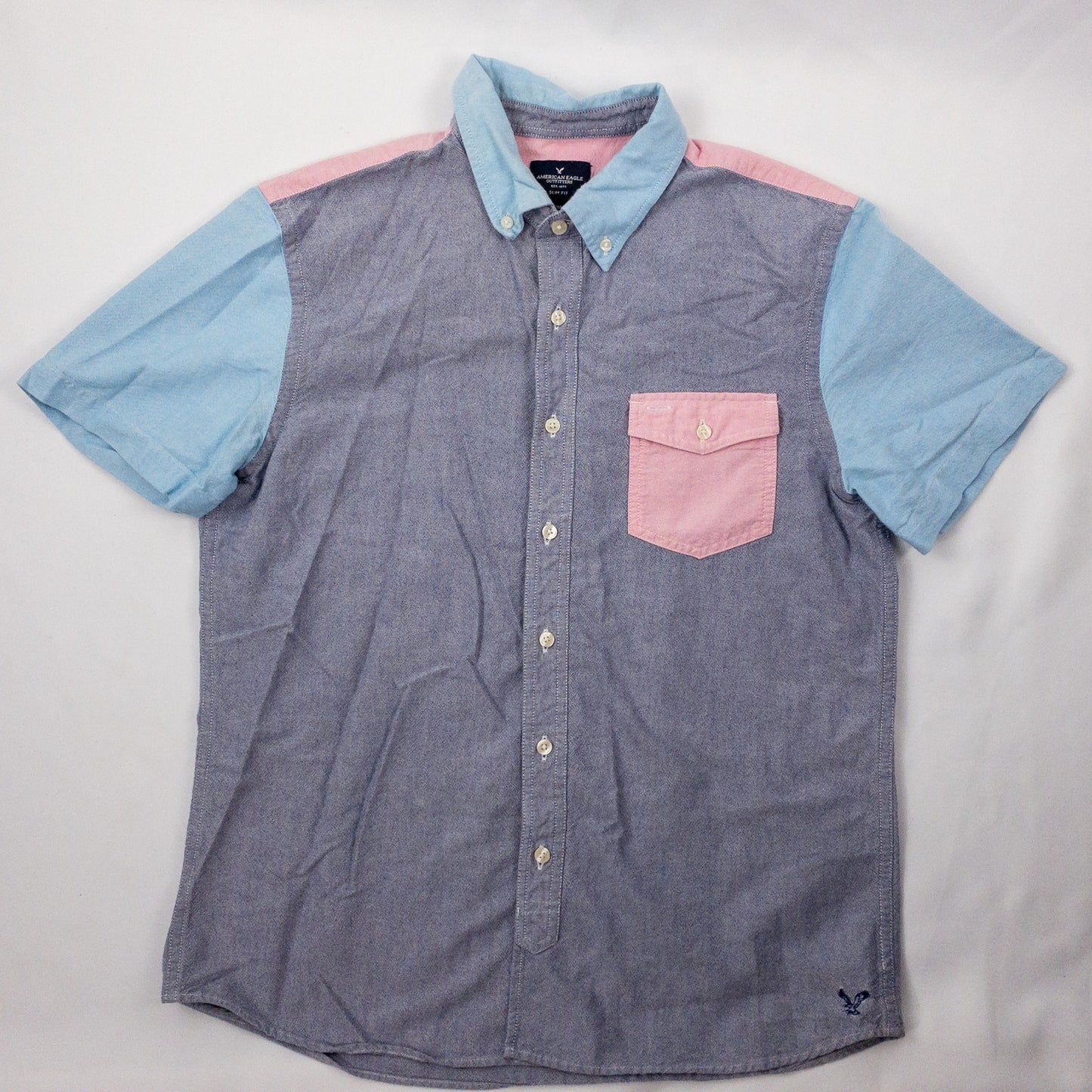 American Eagle Slim Fit Colorblock Pink Blue Button Shirt Mens Medium