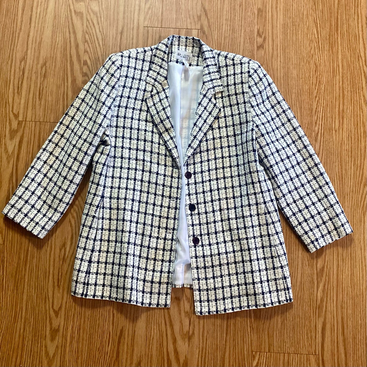 Da-Rue Vintage White Metallic Navy Plaid Blazer Womens Large
