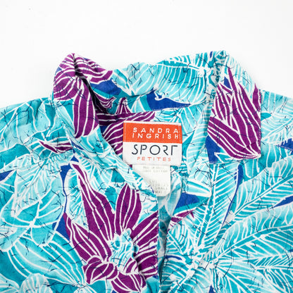 Sandra Ingrish Sport Vintage Hawaiian Blue Purple Shirt Womans Small Unisex