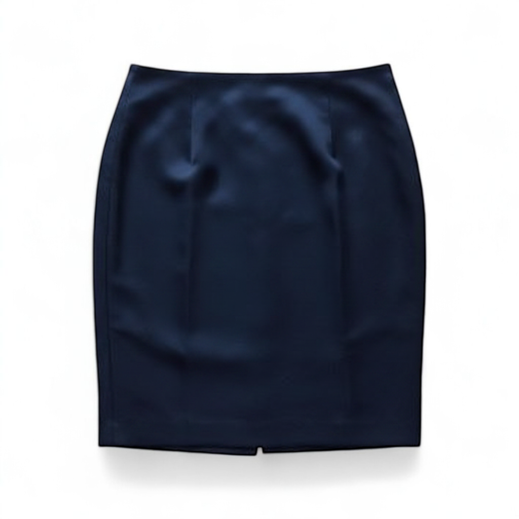Pendleton vintage navy pencil skirt laid flat showing front and back views with tags and seams details front on white muslin photography backdrop