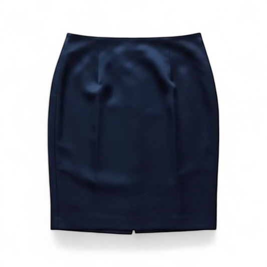 Pendleton vintage navy pencil skirt laid flat showing front and back views with tags and seams details front on white muslin photography backdrop