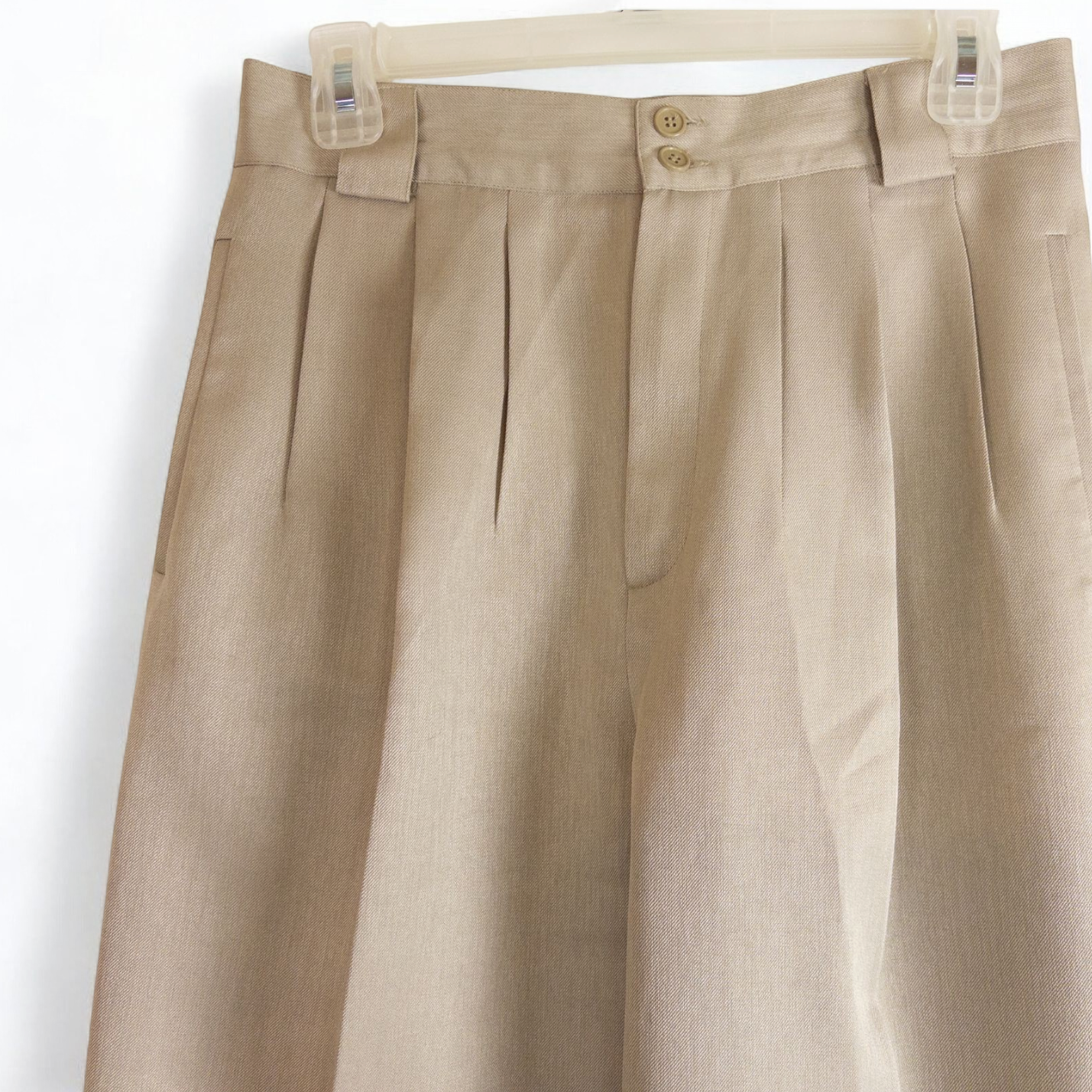 Giorgio Sant Angelo tan vintage pants with front pleats and dual button closure hanging on hanger image 2