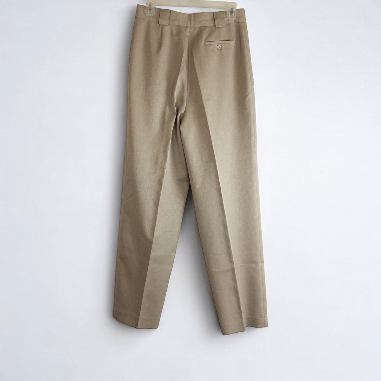 Giorgio Sant Angelo tan vintage pants with front pleats and dual button closure hanging on hanger image 8