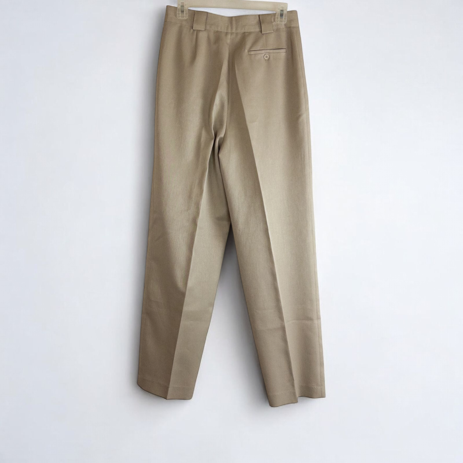 Giorgio Sant Angelo tan vintage pants with front pleats and dual button closure hanging on hanger image 8