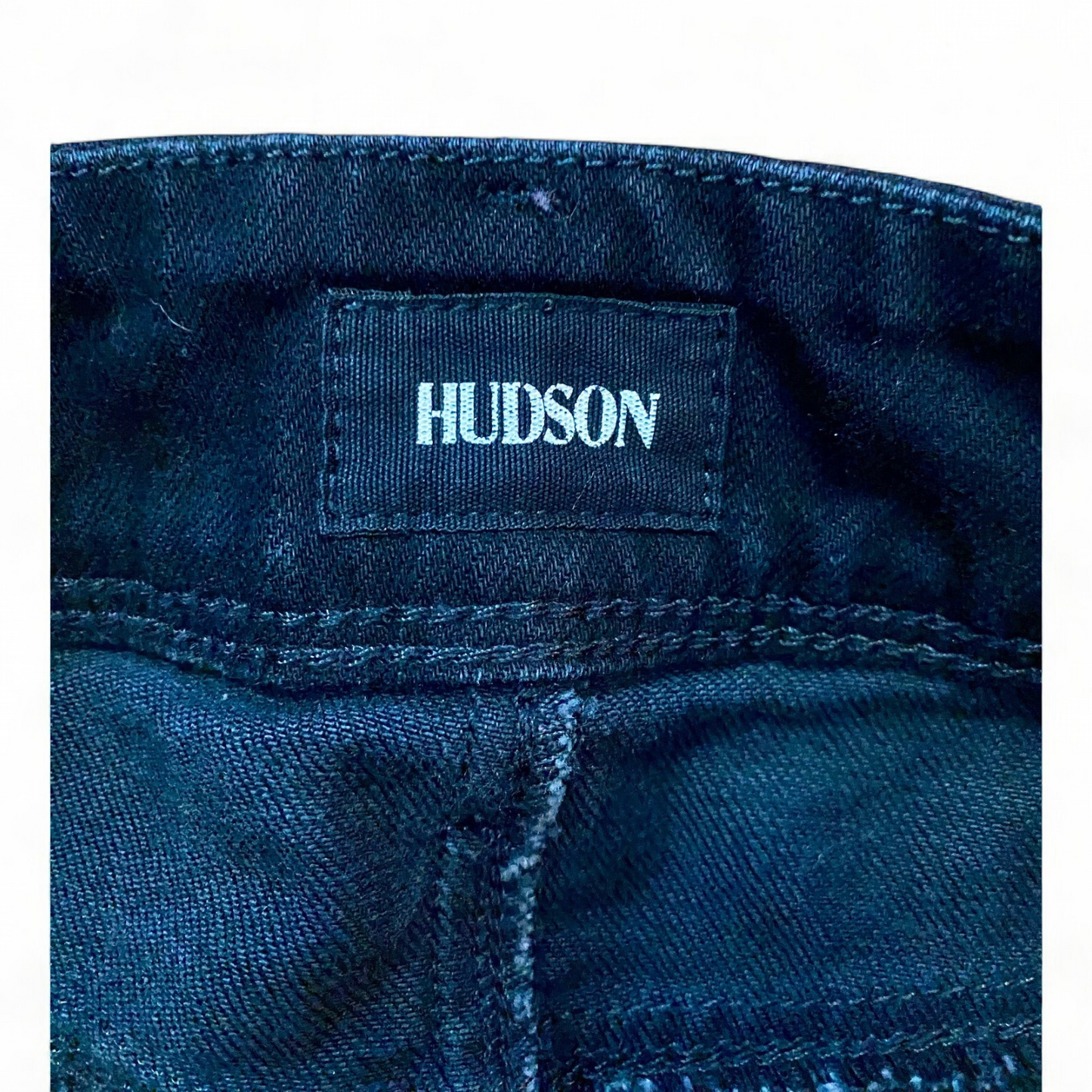Hudson black Collin Flap skinny jeans laid flat showing front and back details with flap pockets and double button closure image 10