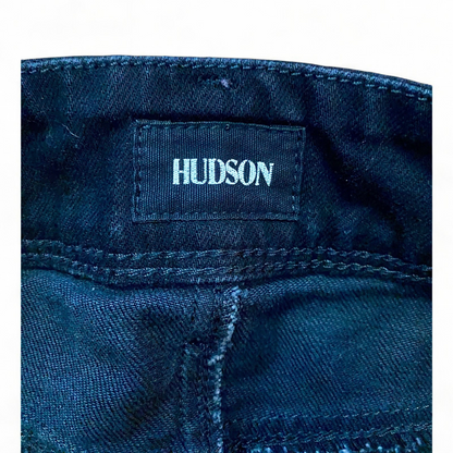 Hudson black Collin Flap skinny jeans laid flat showing front and back details with flap pockets and double button closure image 10