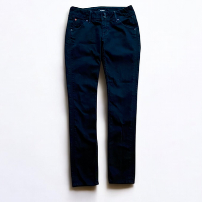 Hudson black Collin Flap skinny jeans laid flat showing front and back details with flap pockets and double button closure