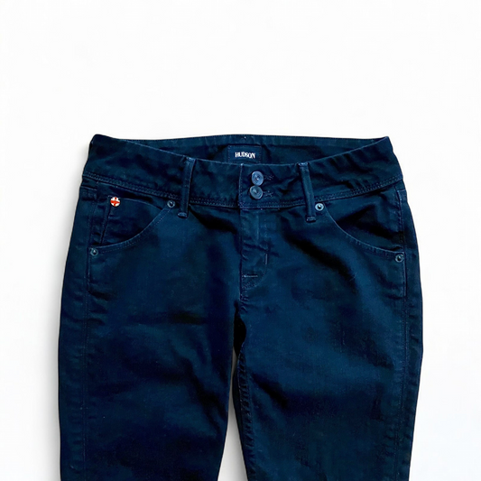 Hudson black Collin Flap skinny jeans laid flat showing front and back details with flap pockets and double button closure image 2