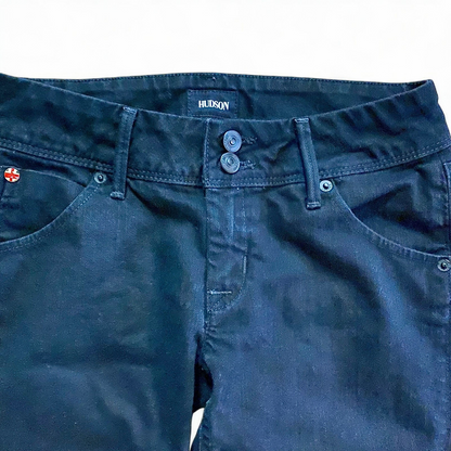Hudson black Collin Flap skinny jeans laid flat showing front and back details with flap pockets and double button closure image 3