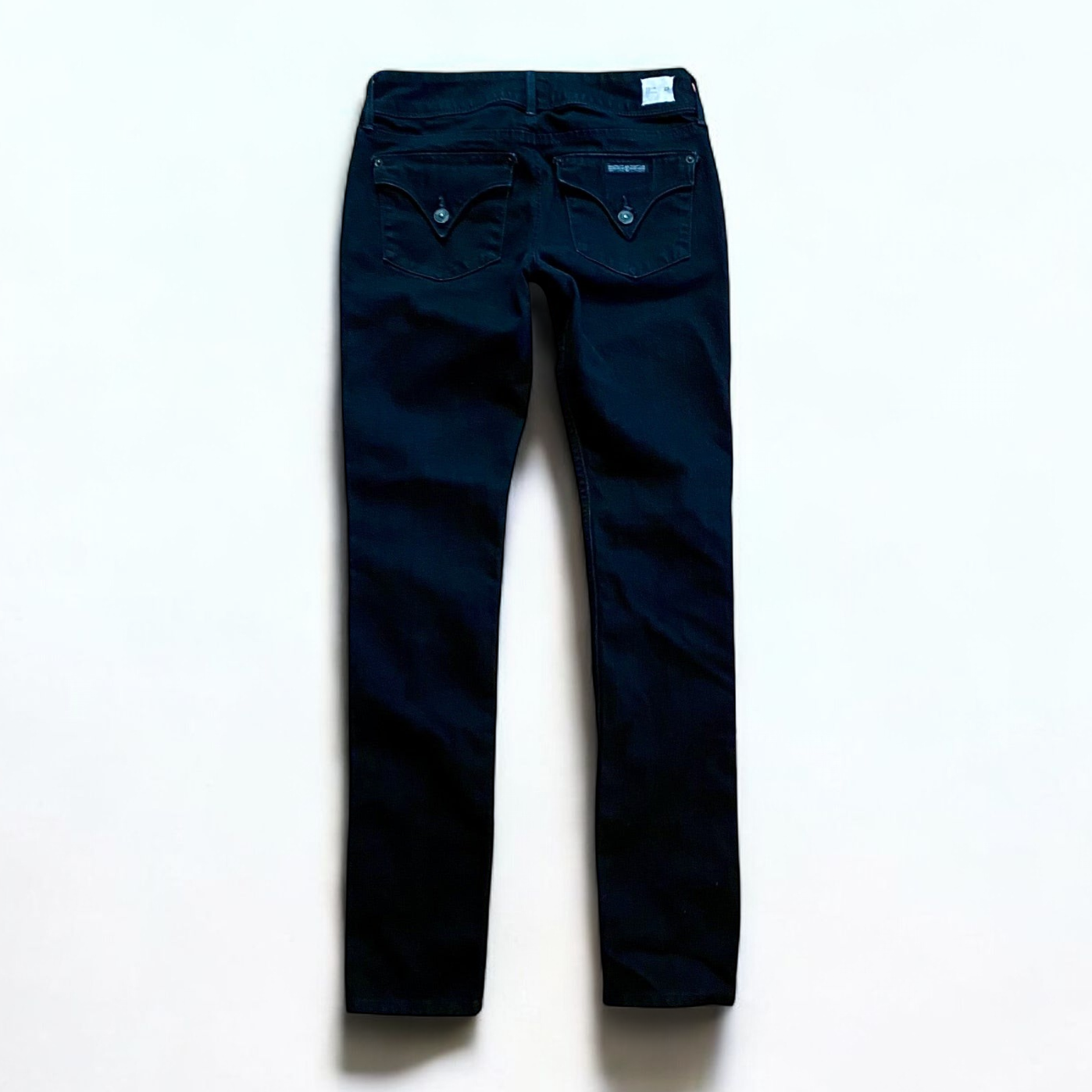 Hudson black Collin Flap skinny jeans laid flat showing front and back details with flap pockets and double button closure image 5