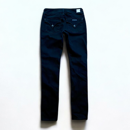 Hudson black Collin Flap skinny jeans laid flat showing front and back details with flap pockets and double button closure image 5
