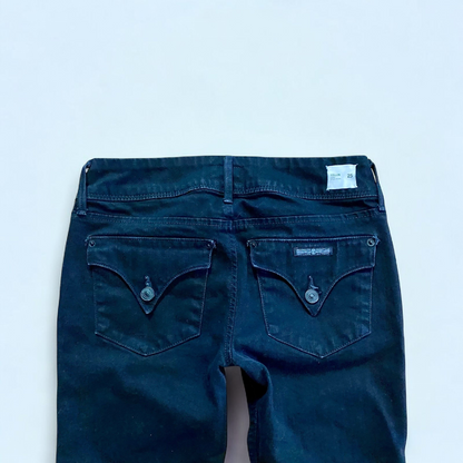 Hudson black Collin Flap skinny jeans laid flat showing front and back details with flap pockets and double button closure image 6