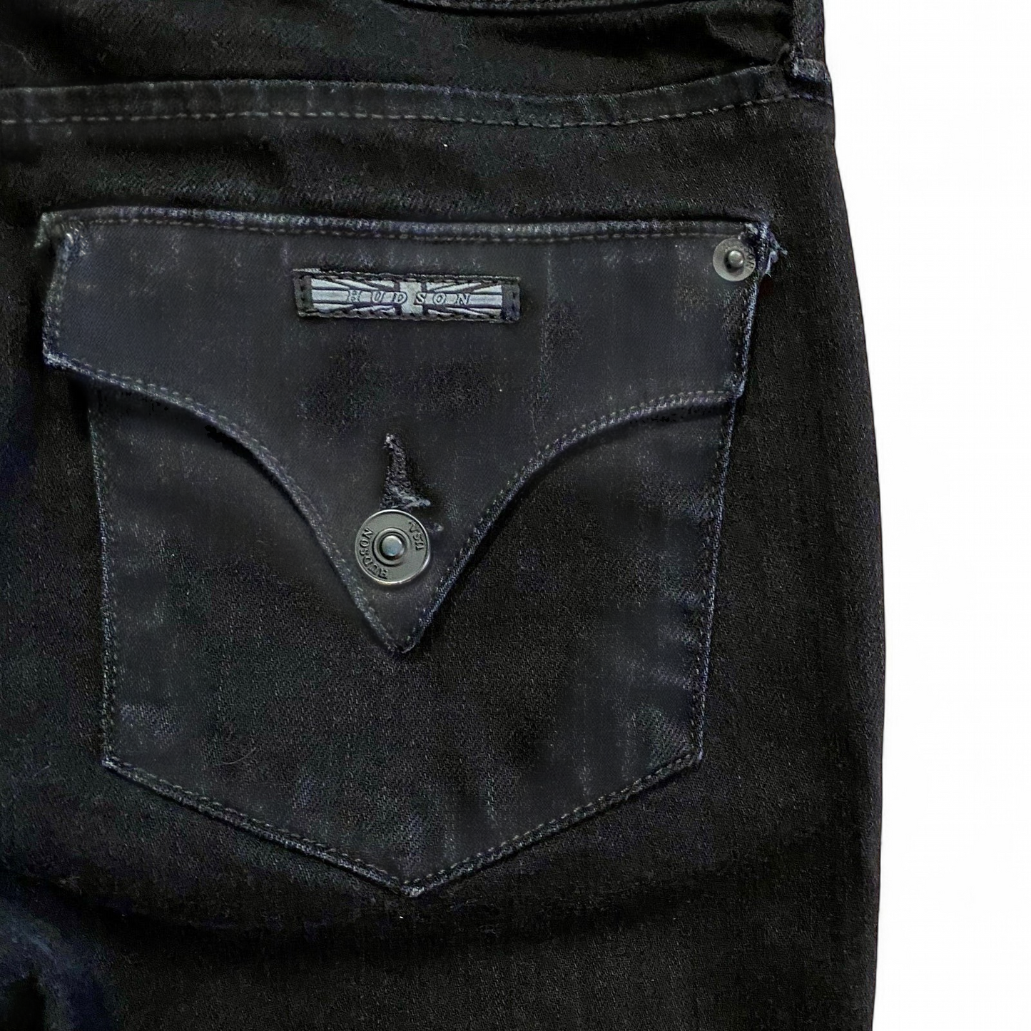 Hudson black Collin Flap skinny jeans laid flat showing front and back details with flap pockets and double button closure image 8