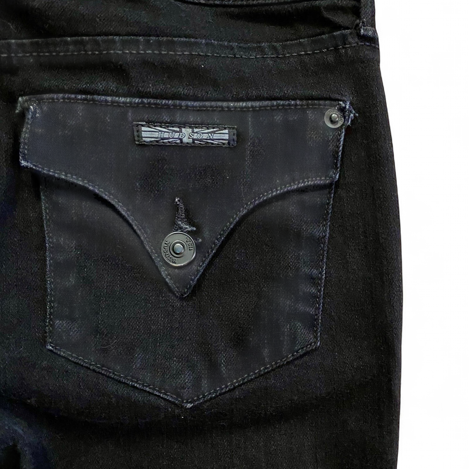 Hudson black Collin Flap skinny jeans laid flat showing front and back details with flap pockets and double button closure image 8