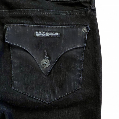Hudson black Collin Flap skinny jeans laid flat showing front and back details with flap pockets and double button closure image 8