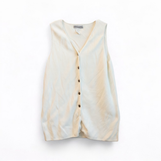White Worlds Apart vintage cotton vest with button front on hanger front on white muslin photography backdrop